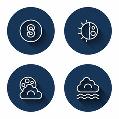 Set line Compass south, Day night cycle, Cloud with moon and Fog and cloud with long shadow. Blue circle button. Vector