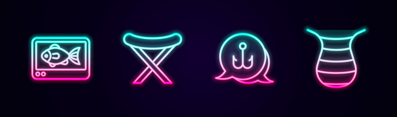 Set line Fish finder echo sounder, Camping folding chair, Fishing hook and net. Glowing neon icon. Vector