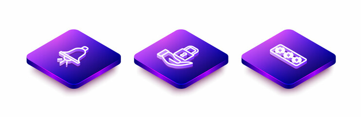 Set Isometric line Ringing alarm bell, Lock and Password protection icon. Vector