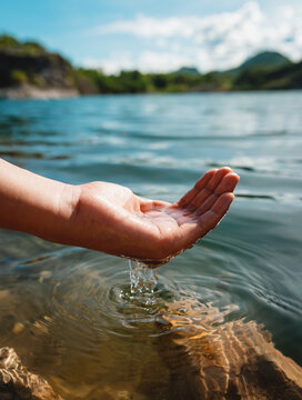 hand holding water in pond
