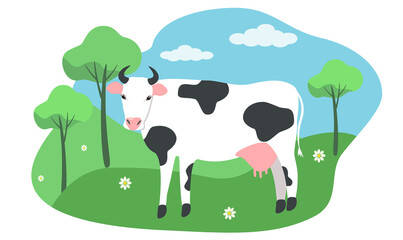 vector illustration in flat style - spotted cow grazing in the meadow