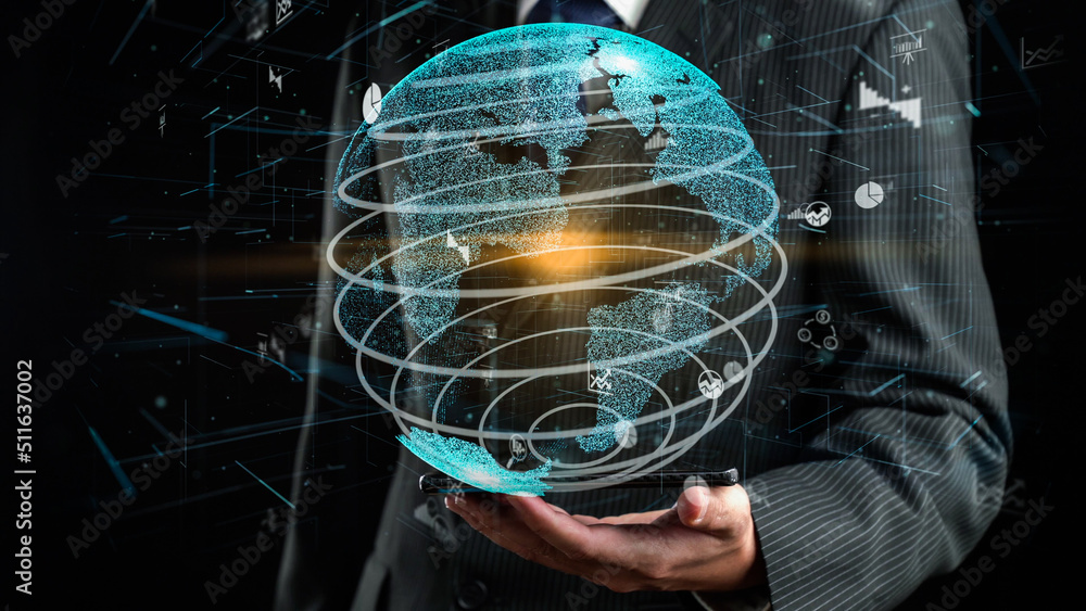 Aufkleber businessman show hologram of global business communication allusive technology. virtual augmented re