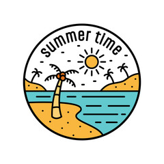 design mono line of summer time coconut on the beach for badge, sticker, patch, t shirt design, etc