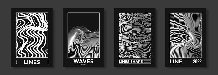 Collection of modern abstract posters with optical waves. In techno style, psychedelic design, prints for T-shirts and hoodies. Isolated on black background - obrazy, fototapety, plakaty