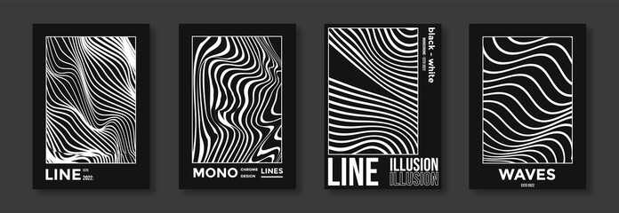 Collection of modern abstract posters with optical waves. In techno style, psychedelic design, prints for T-shirts and hoodies. Isolated on black background