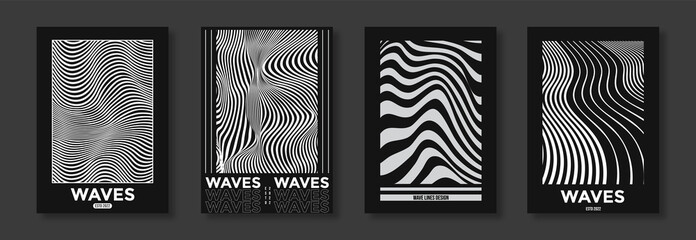 Collection of modern abstract posters with optical waves. In techno style, psychedelic design, prints for T-shirts and hoodies. Isolated on black background