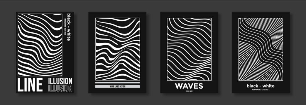 Collection Of Modern Abstract Posters With Optical Waves. In Techno Style, Psychedelic Design, Prints For T-shirts And Hoodies. Isolated On Black Background