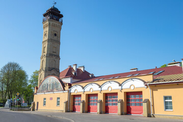 The building of the fire emergency station № 1, sunny April day. Grodno