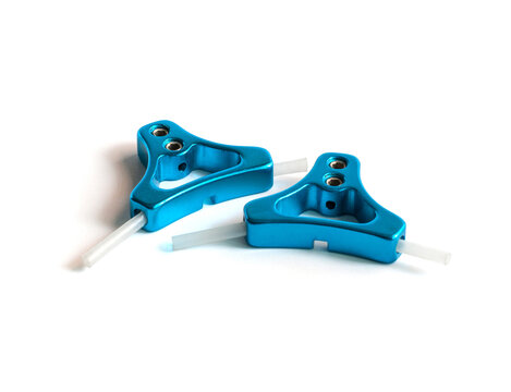 Blue color anodized aluminum triangle cantilever brake cable hangers, bicycle spare parts, on a white background.