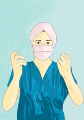 Nurse with surgical cap and mask with freshly washed hands raised.