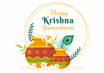 Happy Krishna Janmashtami festival of India with Bansuri and Flute, Dahi Handi and Peacock Feather in Flat Cute Cartoon Background Illustration
