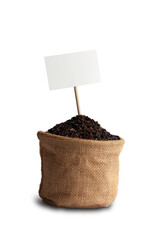 Purple brown rice in sack with information label on white background with clipping path.