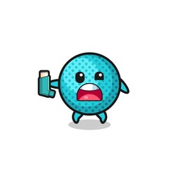 spiky ball mascot having asthma while holding the inhaler