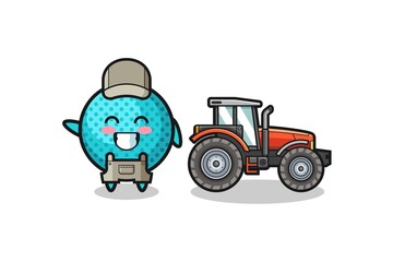the spiky ball farmer mascot standing beside a tractor