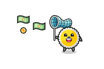 illustration of the saw blade catching flying money