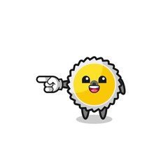 saw blade cartoon with pointing left gesture