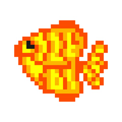 Pixel art symbol Fish. Video game graphics. Vector Pixel underwater world icons high detailed