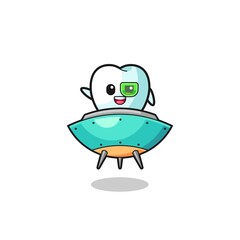 tooth cartoon riding a future spaceship