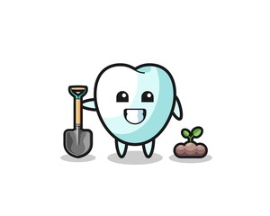 cute tooth cartoon is planting a tree seed