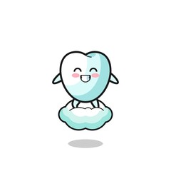 cute tooth illustration riding a floating cloud