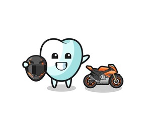 cute tooth cartoon as a motorcycle racer