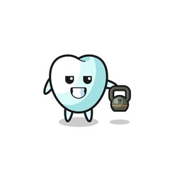 tooth mascot lifting kettlebell in the gym