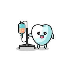 cute tooth character standing with infusion pole