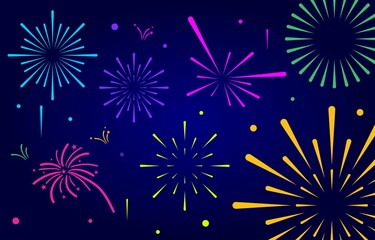 Fototapeta na wymiar Set of Colorful Fireworks Vector with Dark Sky Background