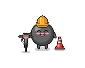 road worker mascot of dot symbol holding drill machine