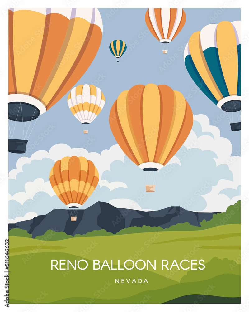 Wall mural reno balloon race illustration background, travel to nevada. vector landscape for poster, postcard, 