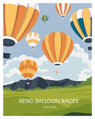 Reno balloon race illustration background, travel to nevada. vector landscape for poster, postcard, art print. © Butter Bites