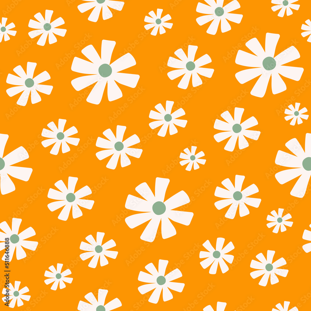 Aufkleber groovy minimal seamless pattern with white daisies on a orange background in style 70s, 80s. trendy 