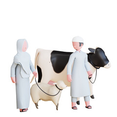 3d character muslim couple carrying cow and sheep to celebrate eid al adha mubarak