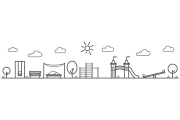 Childrens playground with swings, sandbox and bench in park. Entertainment in kids area. Outline city landscape. Vector
