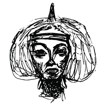 Sculpture head of ancient Egyptian queen Tiye, mother of pharaoh Akhenaten. Female portrait. Hand drawn linear doodle rough sketch. Black silhouette on white background.