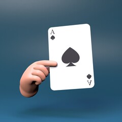 The hand holds a card with spades suit. Casino element. 3d render illustration.