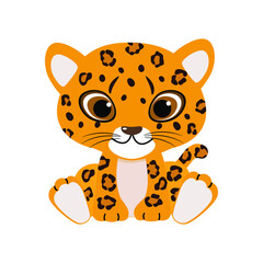 Cute leopard baby on white background. Vector illustration of wild animal in childish cartoon flat style.