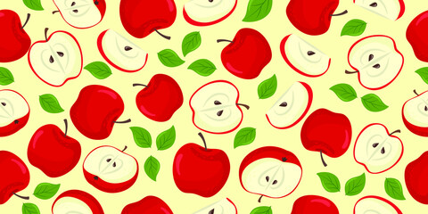 Red apple seamless pattern. Fruit flat repeat background. Vector illustration in cartoon flat style.