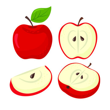 Red apples set. Sliced apples collection. Slices, whole and half fruits. Vector illustration in cartoon flat style.