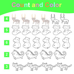 Count and Color worksheet for children. Educational printable worksheet. Vector illustrations.