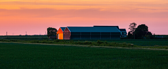 Panoramic view of a Dutch farm in the evening light