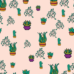 Vector white background plant in pot, succulents seamless pattern. Seamless pattern background