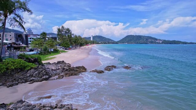 Phuket Patong beach top down view from drone camera, Beautiful patong beach Phuket Thailand Amazing sea beach sand tourist travel destination in the andaman sea Beautiful island on June 17-2022