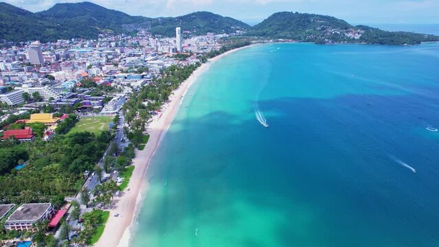Phuket Patong beach top down view from drone camera, Beautiful patong beach Phuket Thailand Amazing sea beach sand tourist travel destination in the andaman sea Beautiful island on June 17-2022