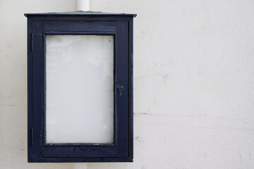 Blank white restaurant menu empty vintage mockup signboard on facade bar wall