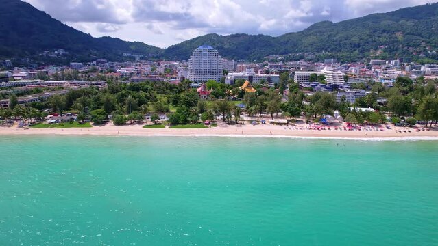 Phuket Patong beach top down view from drone camera, Beautiful patong beach Phuket Thailand Amazing sea beach sand tourist travel destination in the andaman sea Beautiful island on June 17-2022