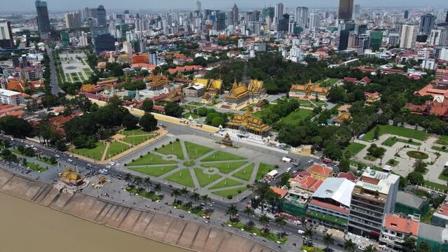 Aerial view of the Royal Palace complex, right, located in the Tonle Sap Mekong riverside in Phnom Penh, Cambodia.