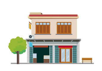 Vintage building Thai vector illustration.Facade shopping and street road.Bangkok city Home style .Flat old house design.Commercial building urban