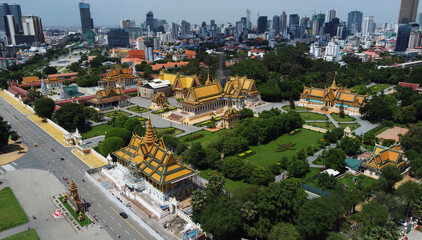 Aerial view of the Royal Palace complex, home to Cambodian kings, located at the Tonle Sap Mekong riverside in Phnom Penh, Cambodia.
