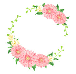 Circular frame of pink gerbera and white mini roses